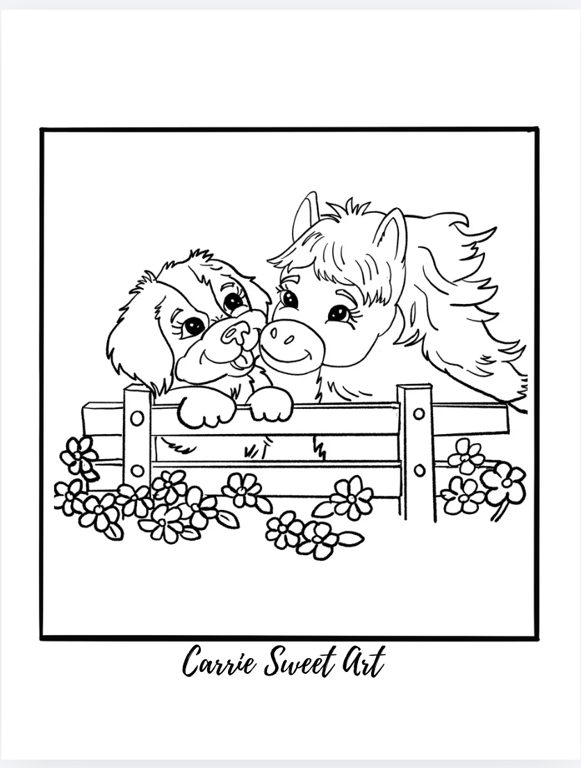 Free Hand-Drawn Coloring Page - Puppy & Poney Friends